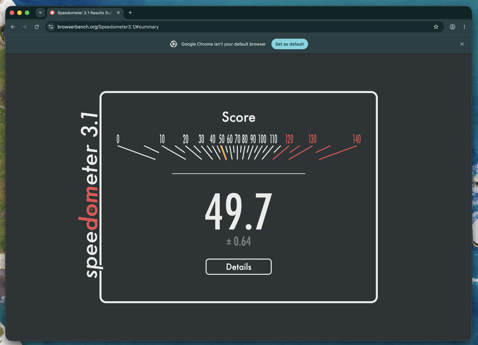 Chrome Speedometer 3.1 result, 49.7
